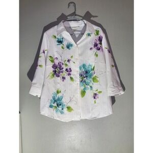 Allison Daley Blouse Women 20W White Floral  Button-up‎ Front